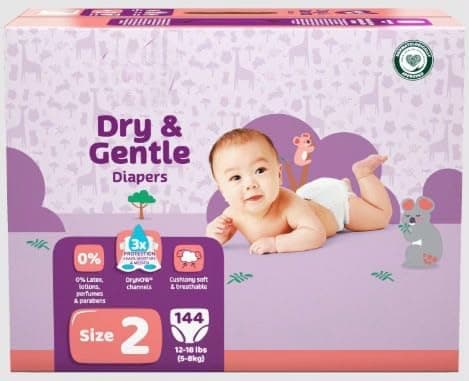 Parents Choice Dry & Gentle Baby Diapers Size 2, 144 Count